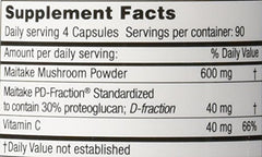 Mushroom Wisdom Maitake D-Fraction label close-up with product details