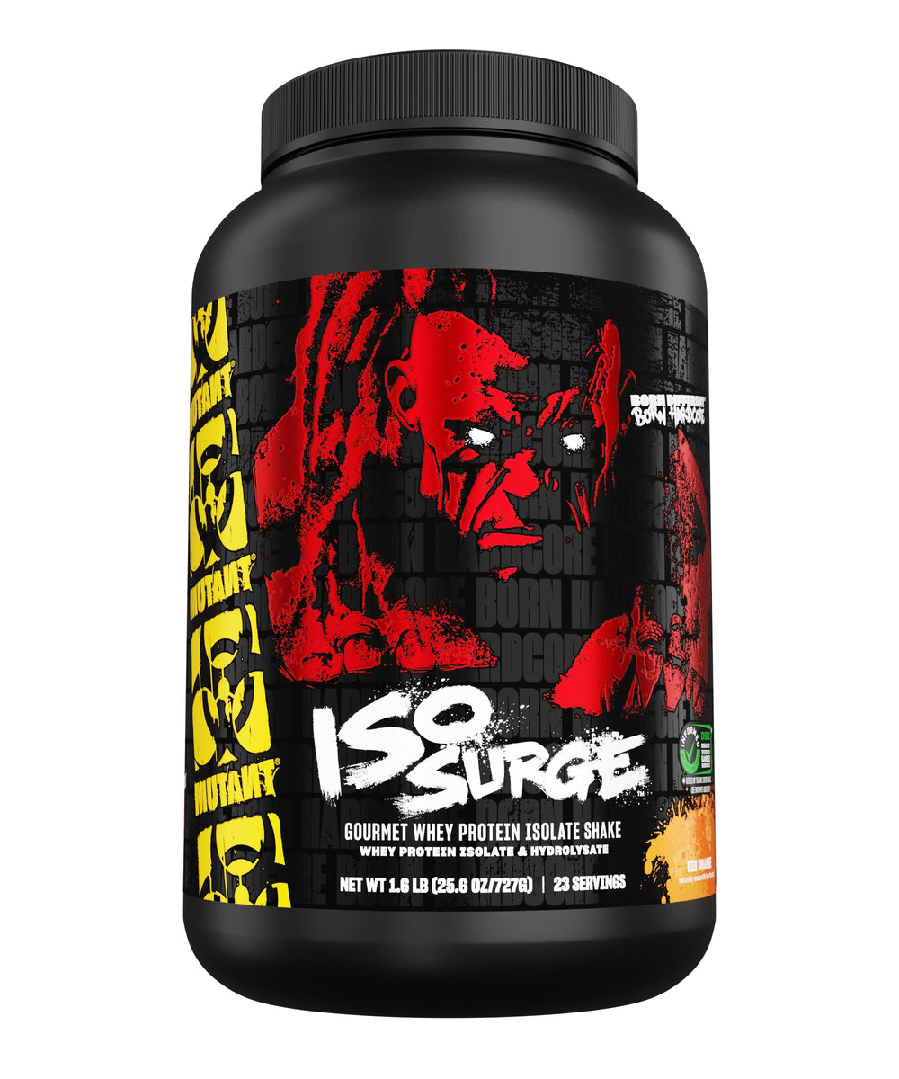 Mutant ISO Surge whey isolate bottle highlights fast absorption for post-workout recovery