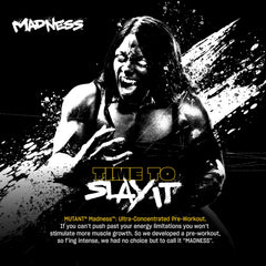 Mutant Madness tub side nutrition panel outlines caffeine and performance ingredients.