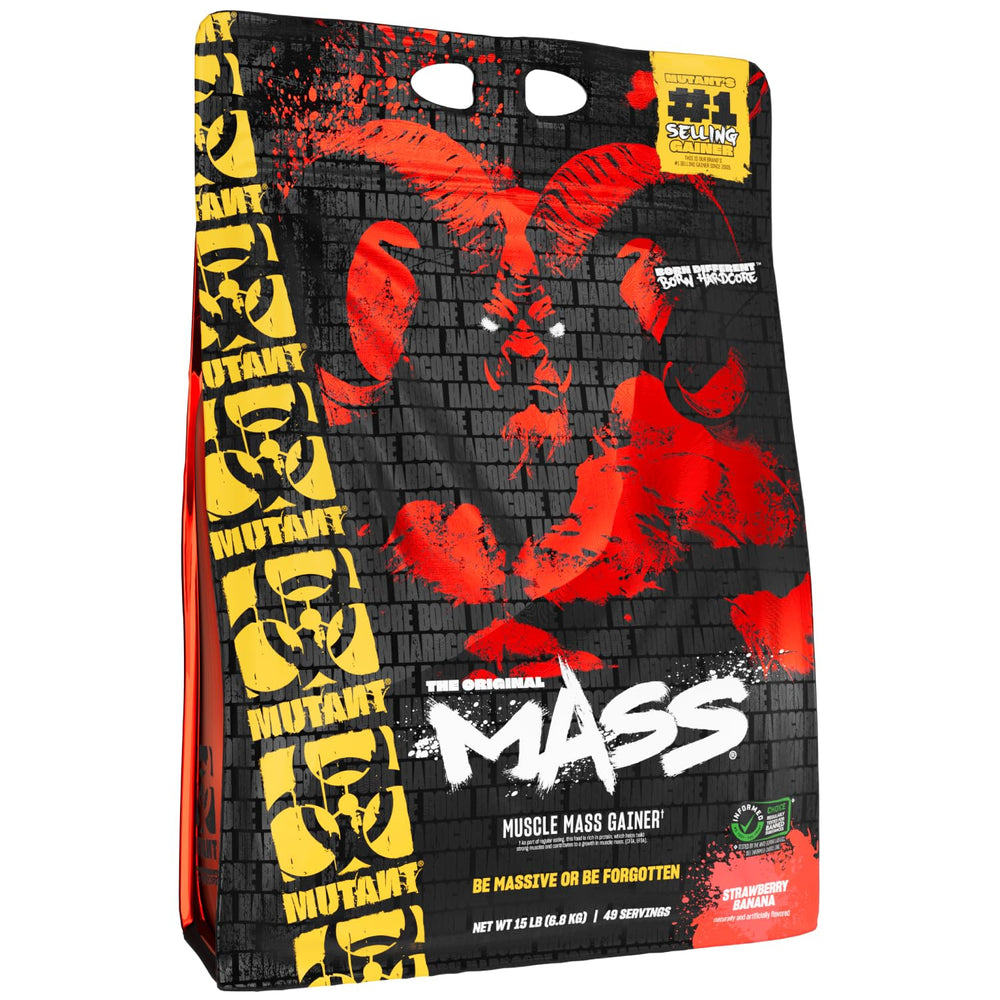 Mutant Mass weight gainer tub front featuring the high-calorie formula for bulk.