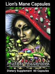 Muther Mushroom Lion's Mane Capsules packaging highlighting organic vegan formula for mental clarity.