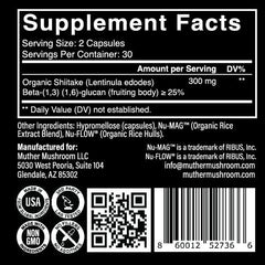 Muther Mushroom Shiitake capsules packaging box highlighting vegan organic ingredients
