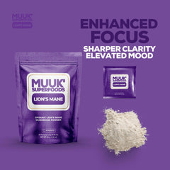 MUUK' SUPERFOODS Lion's Mane sachet stirred into tea for a comforting focus moment.