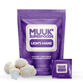 MUUK' SUPERFOODS Lion's Mane powder sachet pack for quick, on-the-go cognitive support.