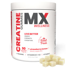 MX Wellness creatine gummies bottle front shows real fruit flavor and a clean label for daily energy
