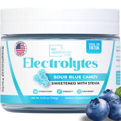 My Adventure to Fit Sour Blue Candy Electrolytes powder in a jar, refreshing hydration.