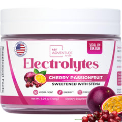 My Adventure to Fit zero sugar Cherry Passionfruit powder bottle for sugar-free hydration.
