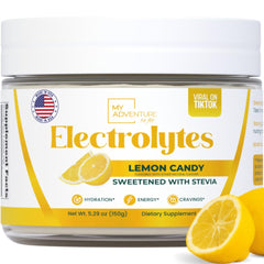 My Adventure to Fit Zero Sugar Lemon Candy Electrolytes bottle for on-the-go hydration.
