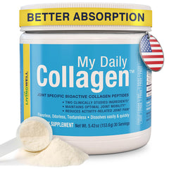 My Daily Collagen bottle closeup showing flavorless powder for daily joint support.