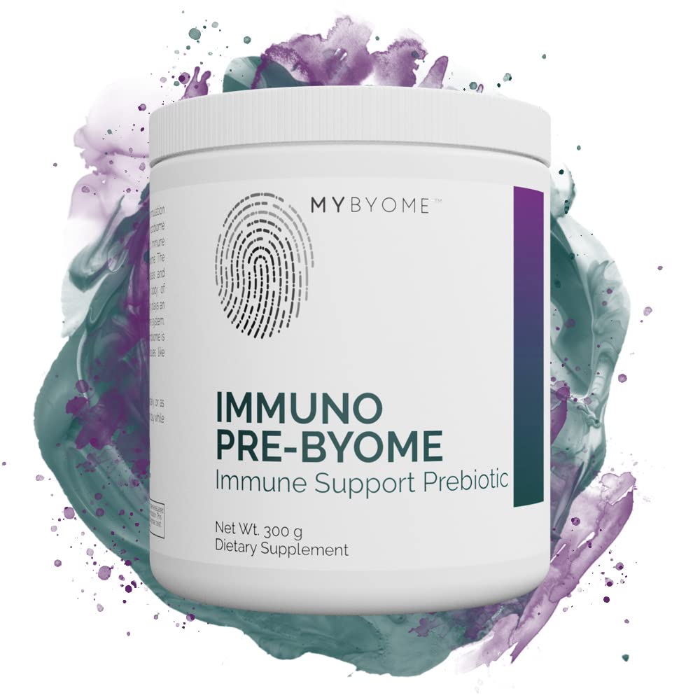 MYBYOME Immuno Pre-Byome bottle front; premium prebiotic for daily balance.