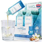 MYCL liposomal glutathione vanilla almond bottle for on-the-go skin vitality.