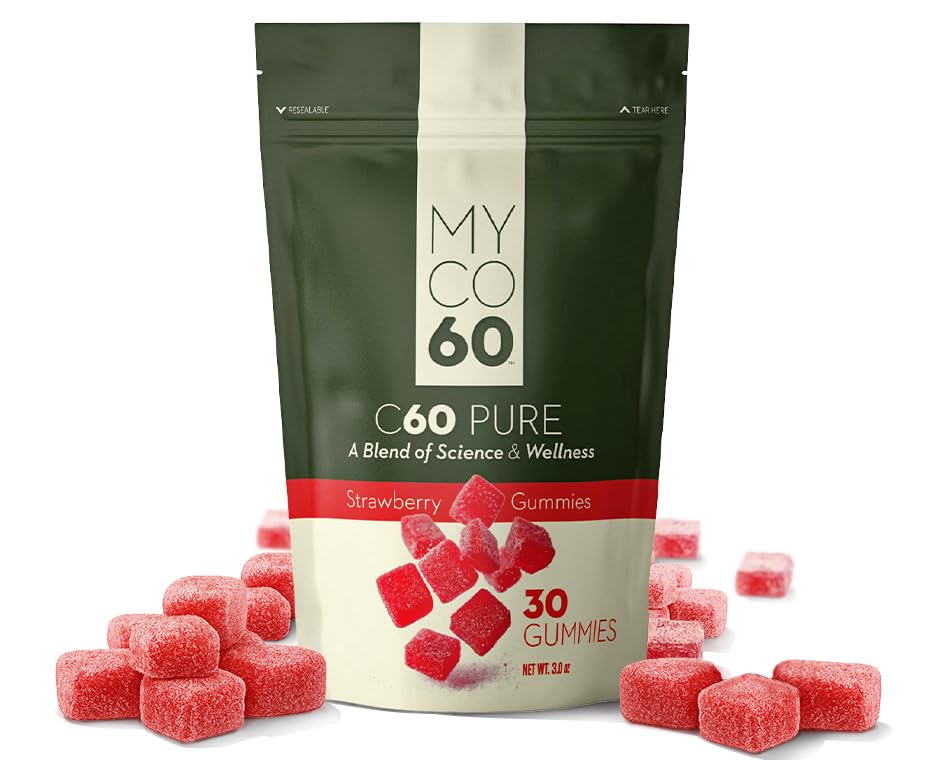 MYCO60 C60 Gummies bottle with strawberry flavor promotes daily energy and immune support.