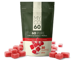 MYCO60 C60 Gummies bottle with strawberry flavor promotes daily energy and immune support.