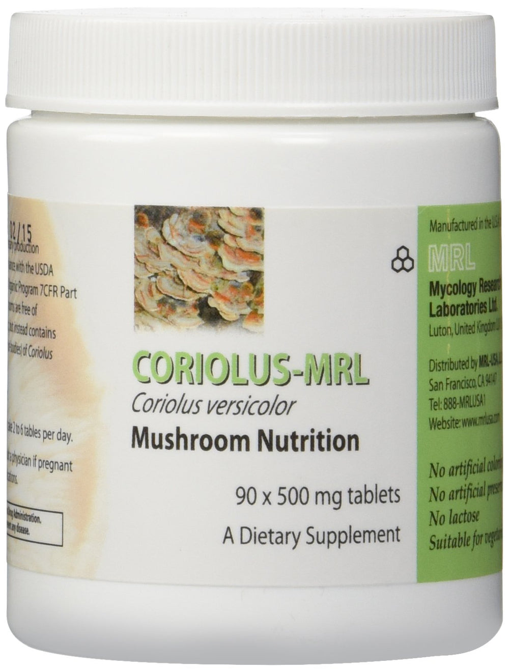 Mycology Research Labs Coriolus Versicolor bottle front shows vegetarian-friendly 90 tablets.