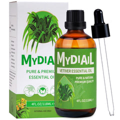 MYDIAIL Vetiver essential oil bottle with dropper for precise dosing and aroma.