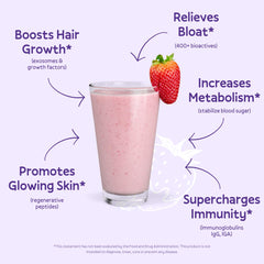 MyGloh Colostrum Powder in a glass of milk suggests convenient daily use.