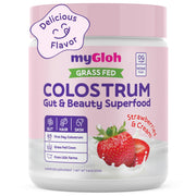 MyGloh Colostrum Powder Strawberries & Cream tub highlights flavor and gut wellness.