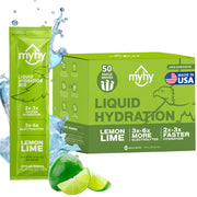MyHy liquid hydration packets lemon-lime box front showcases portable hydration on the go.