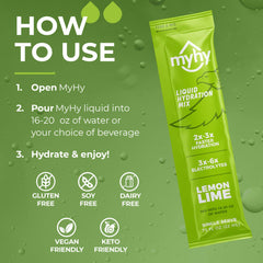 MyHy single-serving packet close-up emphasizes quick mix with water for instant refreshment.