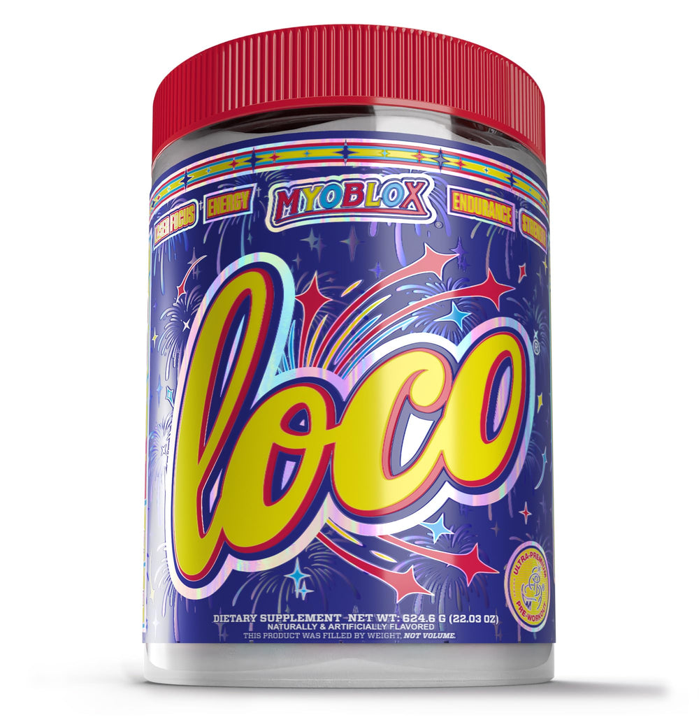 MyoBlox LOCO pre-workout bottle-front signals bold energy and focus potential.