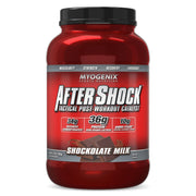Myogenix Aftershock chocolate milk shaker ready for post-workout recovery.