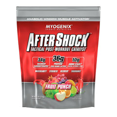 Myogenix Aftershock powder tub shown for post-workout recovery and lean gains