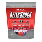 Myogenix Aftershock Wildberry bottle front shows fast-absorbing protein for post-workout recovery