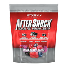 Myogenix Aftershock Wildberry bottle front shows fast-absorbing protein for post-workout recovery