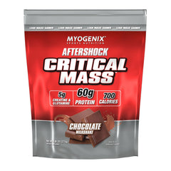 Myogenix Critical Mass bottle shows lactose-free formula for clean mass gains.