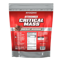 Myogenix Critical Mass powder pack highlights high protein and calories for post-workout recovery.