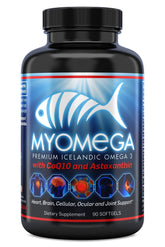 Myogenix Myomega bottle front, premium omega-3 supplement for brain and heart health