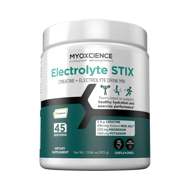 MYOXCIENCE Electrolyte STIX jar with 45 servings for hydration after workouts.