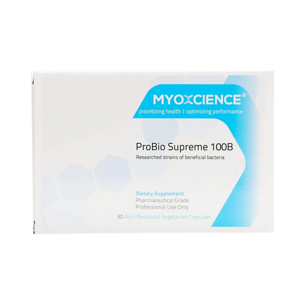 MYOXCIENCE Probio Supreme bottle front showing high potency probiotic for daily balance.