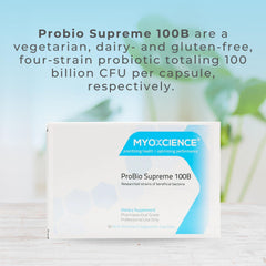 MYOXCIENCE Probio Supreme label emphasizes allergen-free and dairy-free features.