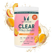 Myprotein Clear Whey Isolate Peach Mango bottle demonstrates a refreshing post-workout protein option