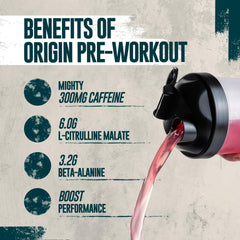 Myprotein Origin Pre-Workout scoop beside the tub, ready to measure a focus-boosting dose.