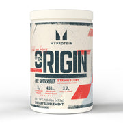 Myprotein Origin Pre-Workout tub on a clean gym setup, strawberry flavor ready to energize training.