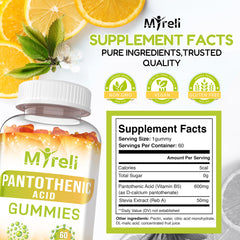 Packaging for MYRELI Pantothenic Acid Gummies emphasizes gelatin free vegetarian option.