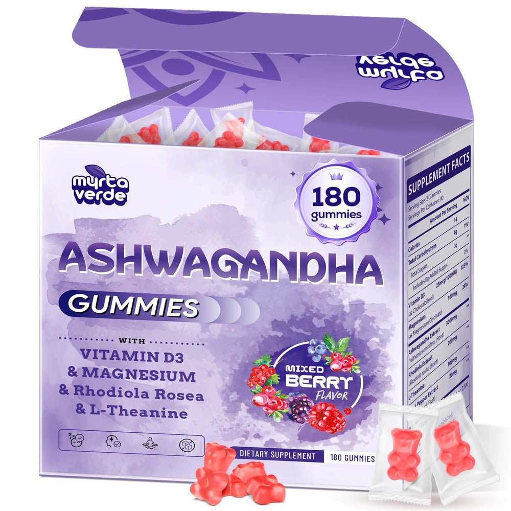 Myrtaverde Ashwagandha Gummies jar showing 180-count bottle for daily balance