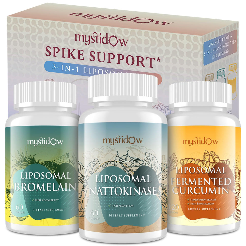 Mystidow Spike Support Trio bottle with liposomal formula promoting enhanced nutrient delivery.