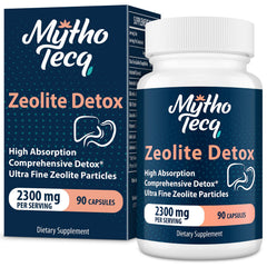 MythoTecq zeolite detox bottle highlights high-concentration formula for daily wellness.