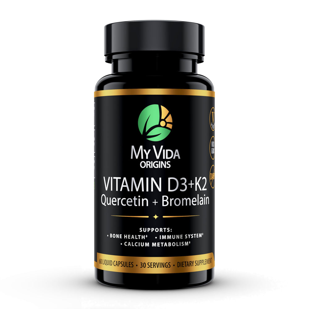 My Vida Origins Vitamin D3 K2 bottle closeup supporting immune and bone health.