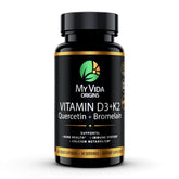 My Vida Origins Vitamin D3 K2 bottle closeup supporting immune and bone health.
