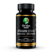 My Vida Origins Vitamin D3 K2 bottle closeup supporting immune and bone health.