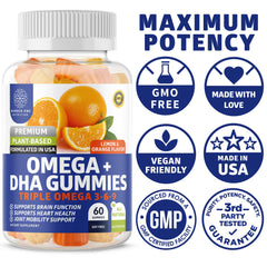 N1N Premium Omega 3-6-9 DHA Gummies packaging display box emphasizing vegan formula and 60 gummies per pack