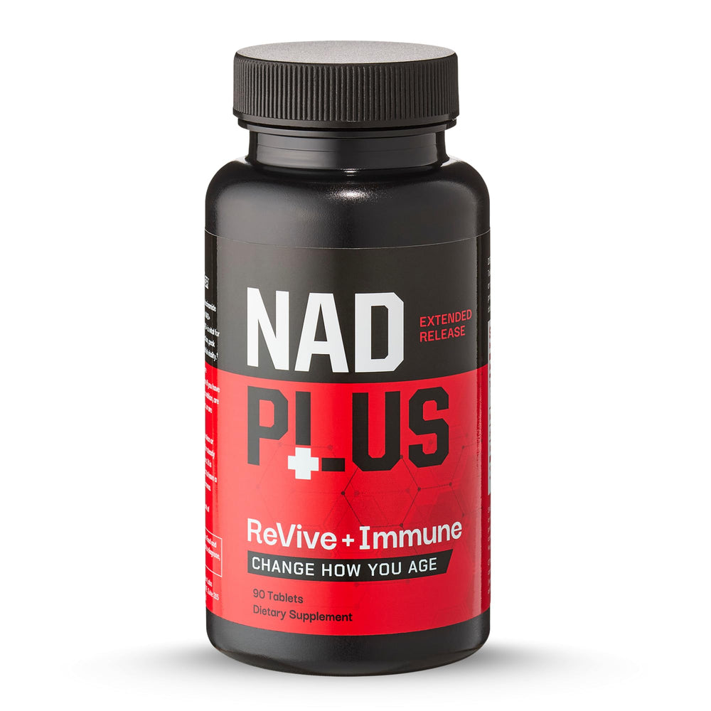 NAD Plus Revive+Immune bottle packaging showcases brand for daily energy.