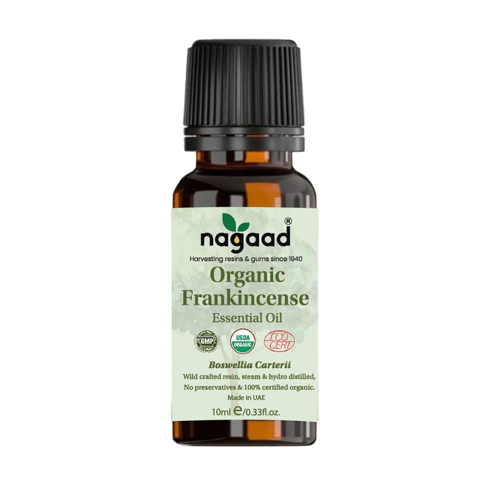 Nagaad Organic Frankincense essential oil bottle, pure Boswellia Carterii for skincare and massage.