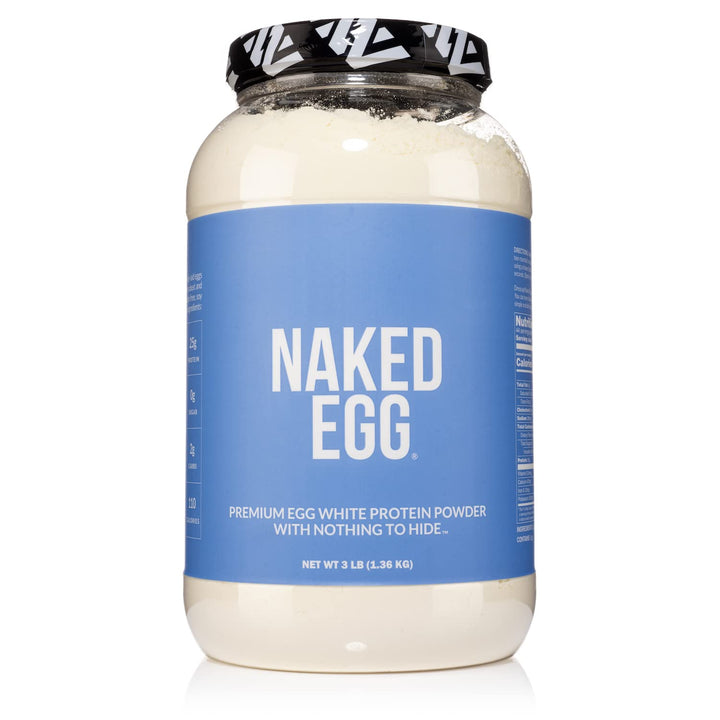 NAKED 3LB egg white protein tub showing clean label and packaging for high-quality protein sourcing.