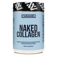 Naked Caramel Collagen Peptides bottle highlighting grass-fed formula for joints