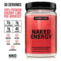 NAKED Cherry Lime Energy powder being dispensed for a pre-workout mix.